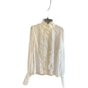 NWT Reveuse ivory lace trim button down blouse leg-o-mutton puffy sleeves Sz M